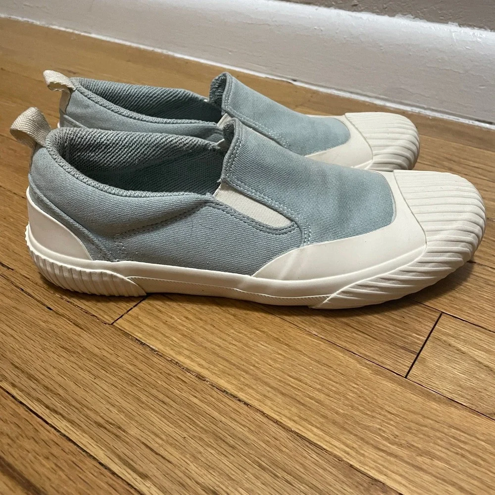 ZARA SRPLS Light Blue Canvas Slip On Sneakers Round Toe White Rubber Cap Size 39